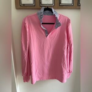 Women’s Pink Long-Sleeve Polo Shirt with Contrasting Collar
